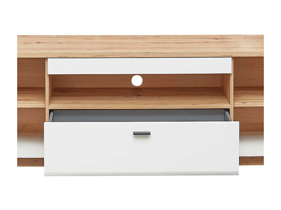 Flachstrecke Wohnzimmer in Weiß und Wildeichefarben einer Schublade