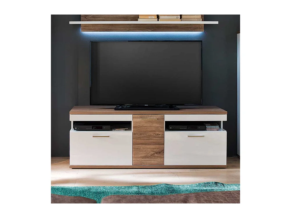 TV Bank in Weiß Hochglanz und Eiche Dekor 150 cm breit