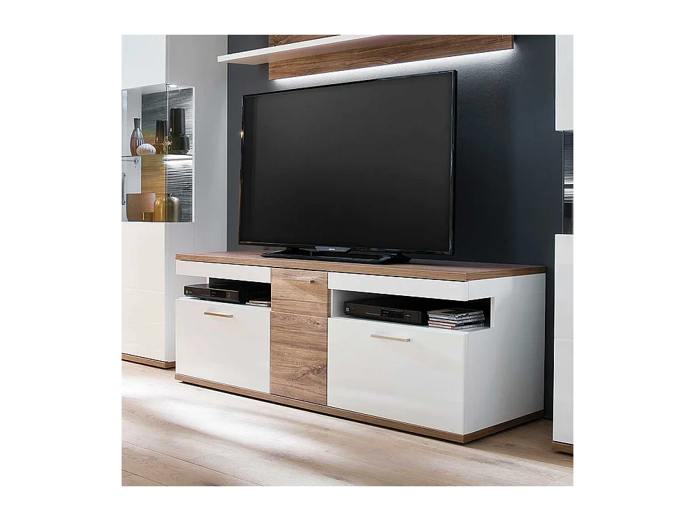 TV Bank in Weiß Hochglanz und Eiche Dekor 150 cm breit