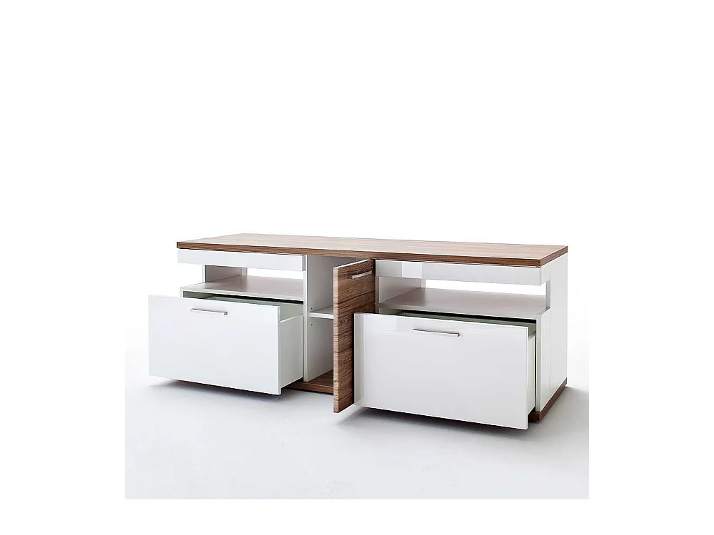 TV Bank in Weiß Hochglanz und Eiche Dekor 150 cm breit