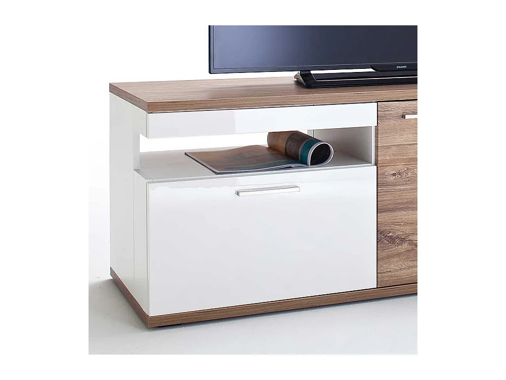 TV Bank in Weiß Hochglanz und Eiche Dekor 150 cm breit