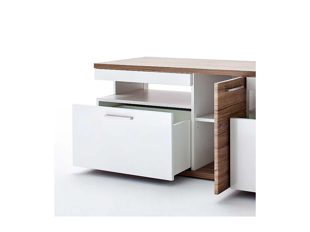 TV Bank in Weiß Hochglanz und Eiche Dekor 150 cm breit