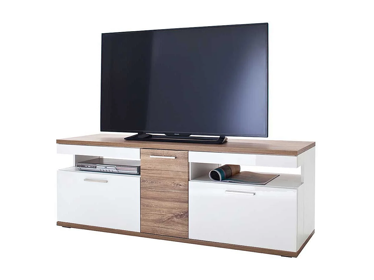 TV Bank in Weiß Hochglanz und Eiche Dekor 150 cm breit