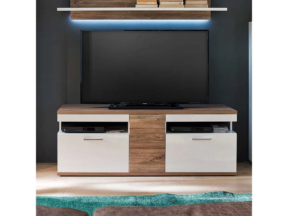 TV Bank in Weiß Hochglanz und Eiche Dekor 150 cm breit