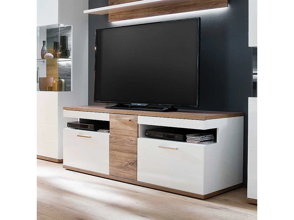 TV Bank in Weiß Hochglanz und Eiche Dekor 150 cm breit