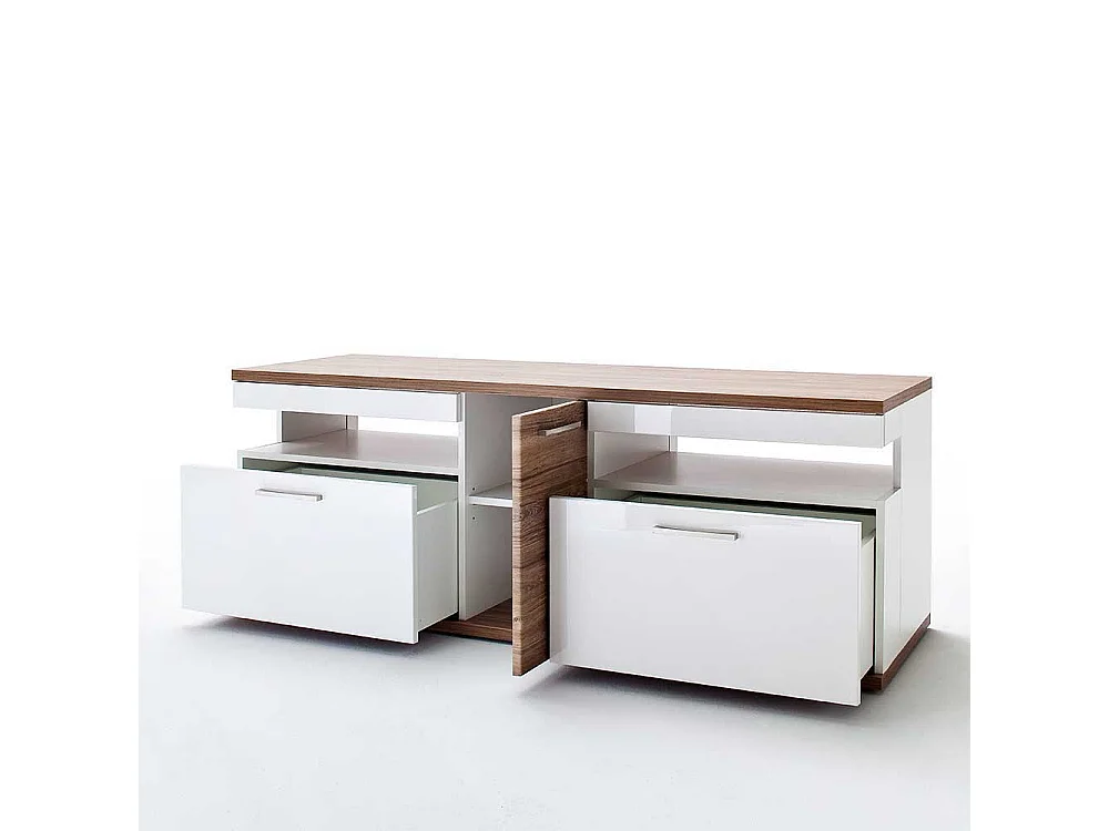 TV Bank in Weiß Hochglanz und Eiche Dekor 150 cm breit