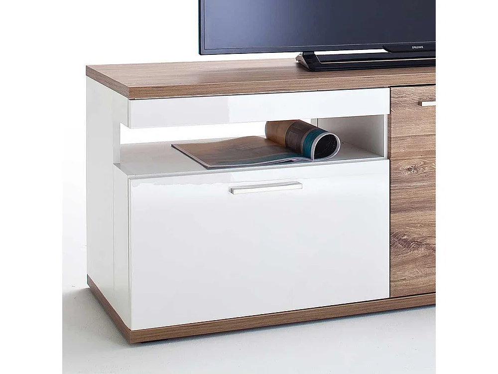 TV Bank in Weiß Hochglanz und Eiche Dekor 150 cm breit
