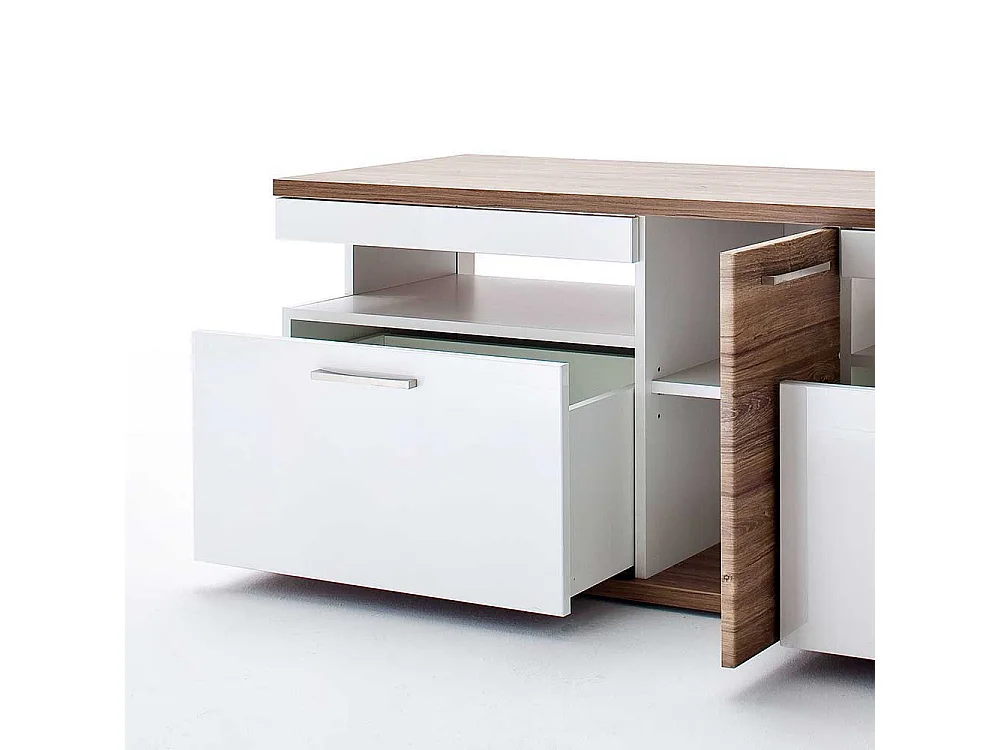 TV Bank in Weiß Hochglanz und Eiche Dekor 150 cm breit