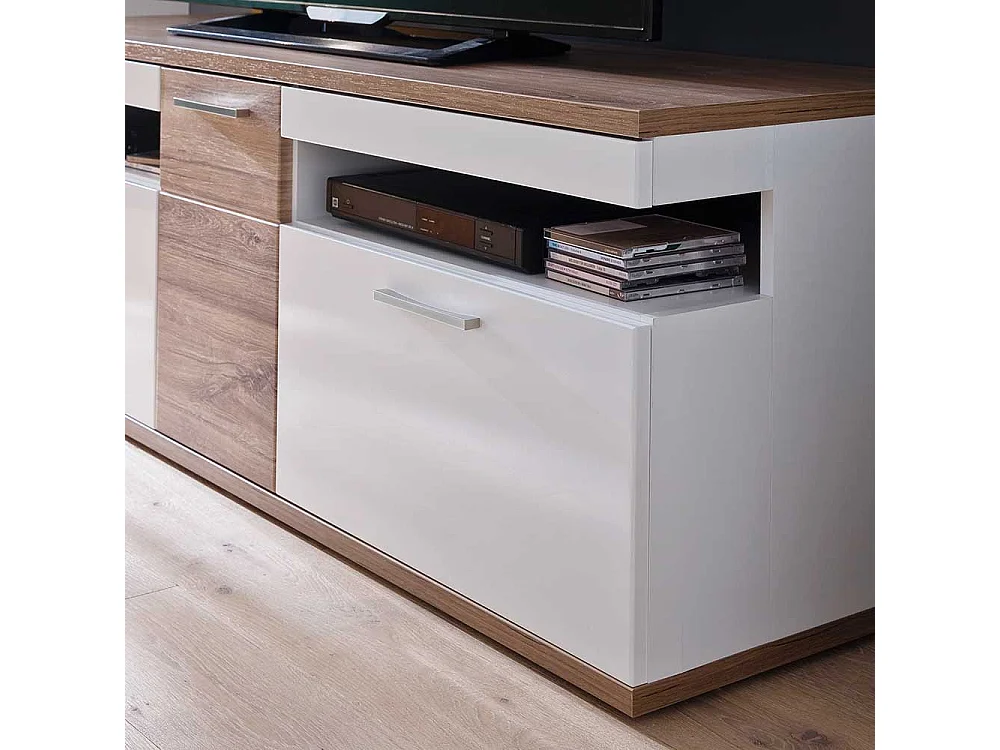 TV Bank in Weiß Hochglanz und Eiche Dekor 150 cm breit