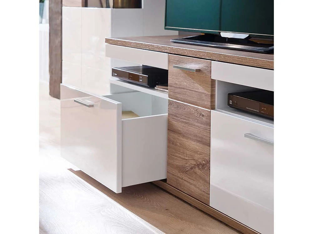 TV Bank in Weiß Hochglanz und Eiche Dekor 150 cm breit