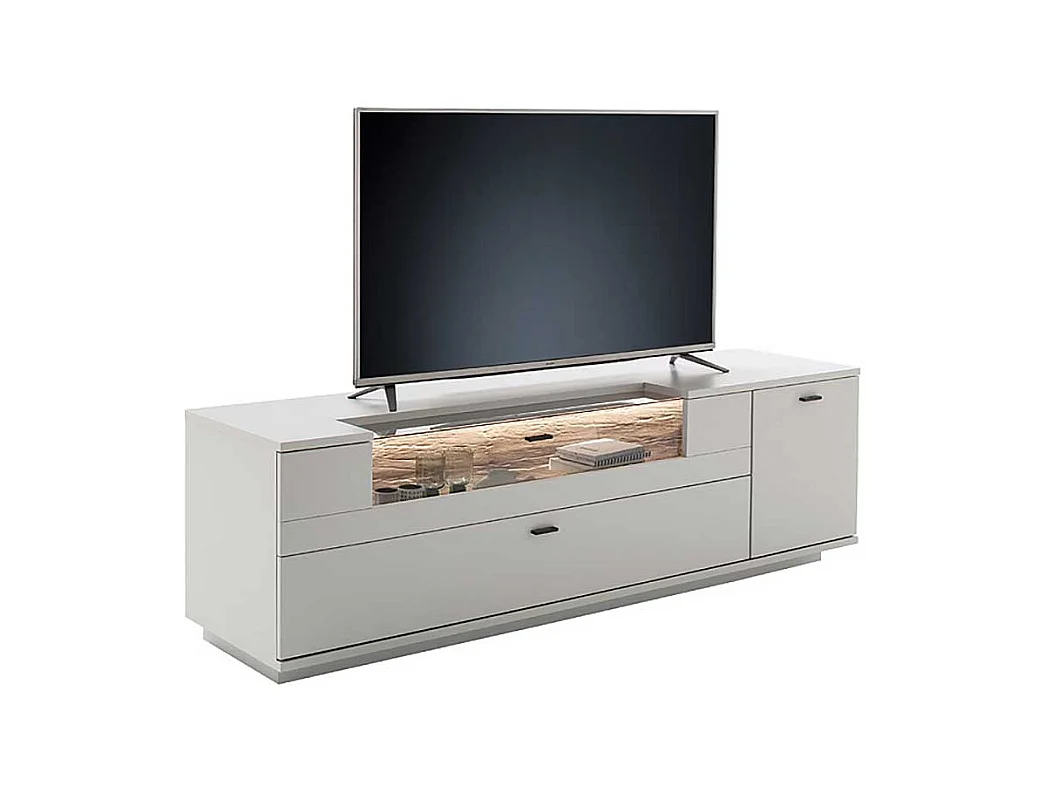 Unterschrank Fernseher modern in Lichtgrau und Wildeiche Holzoptik 195 cm breit