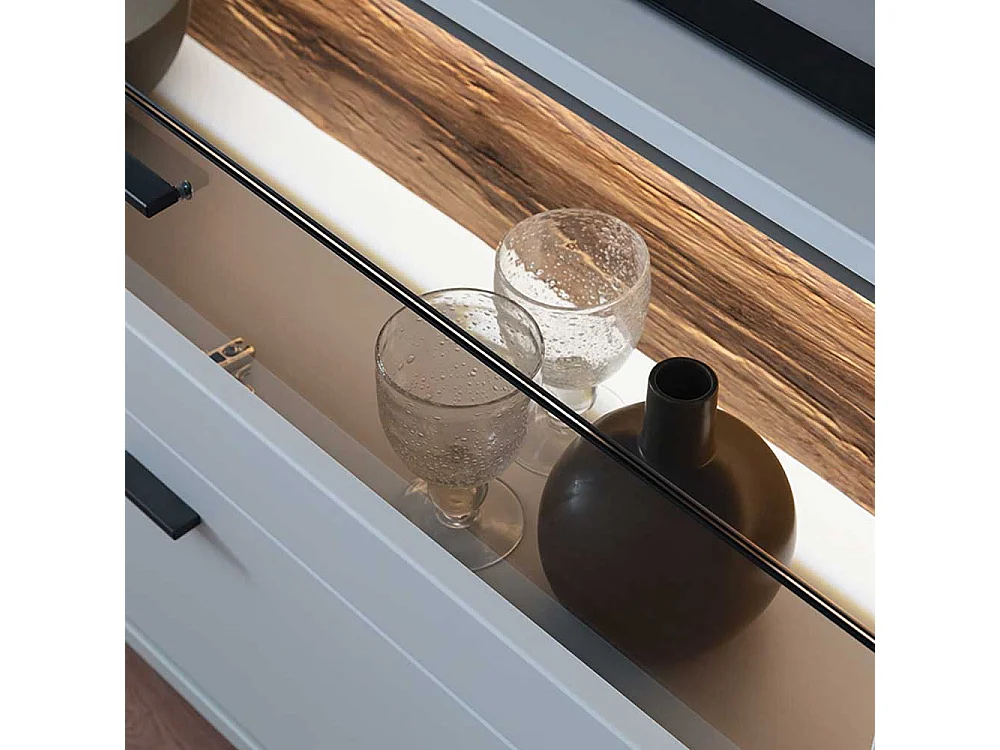 Unterschrank Fernseher modern in Lichtgrau und Wildeiche Holzoptik 195 cm breit