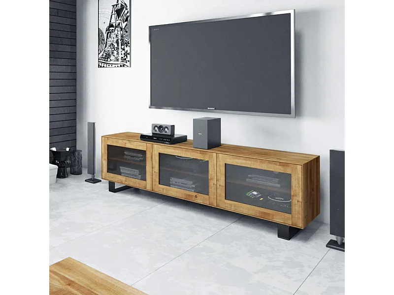 TV Lowboard mit Glastüren Wildeiche Massivholz