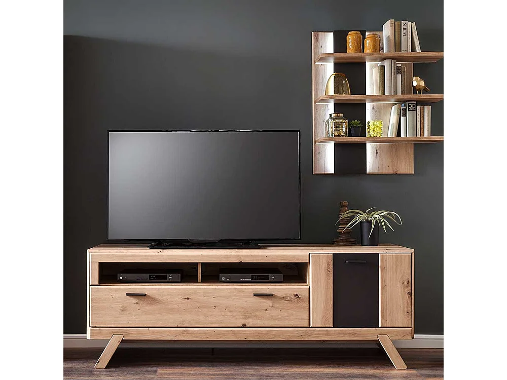 Fernsehboard in Eiche Optik und Dunkelgrau Türen