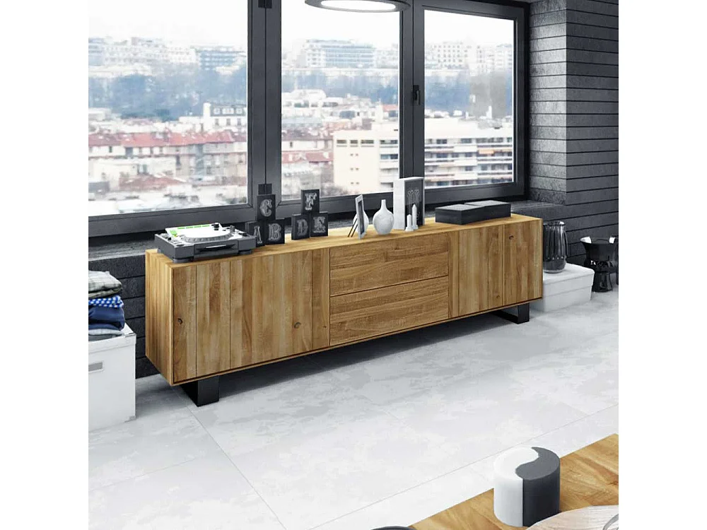 TV Unterschrank aus Wildeiche Massivholz Stahl