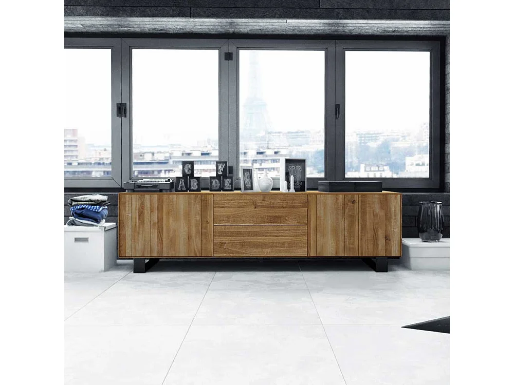 TV Unterschrank aus Wildeiche Massivholz Stahl