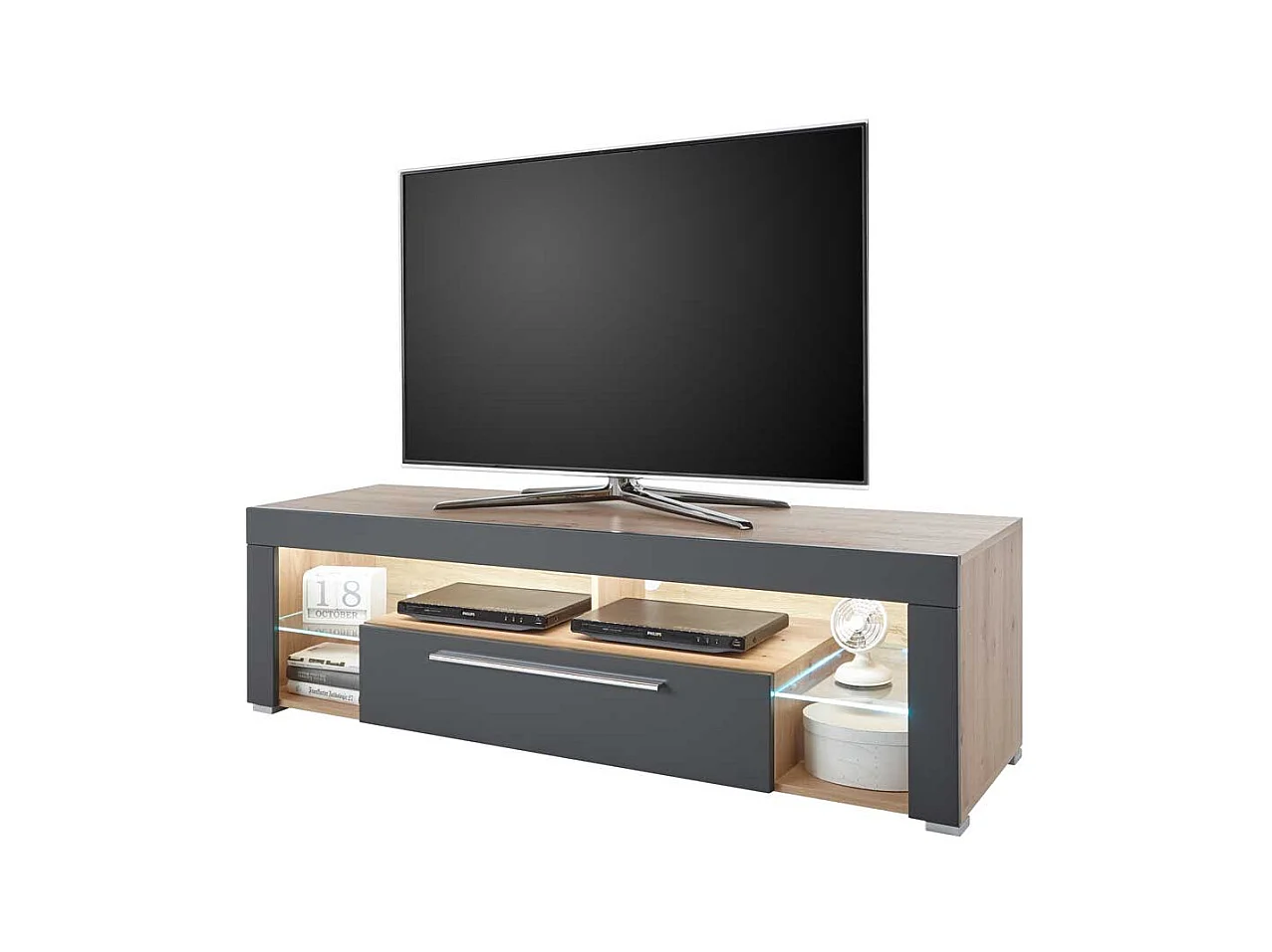 Fernsehmöbel in Grau und Asteiche Optik LED Beleuchtung