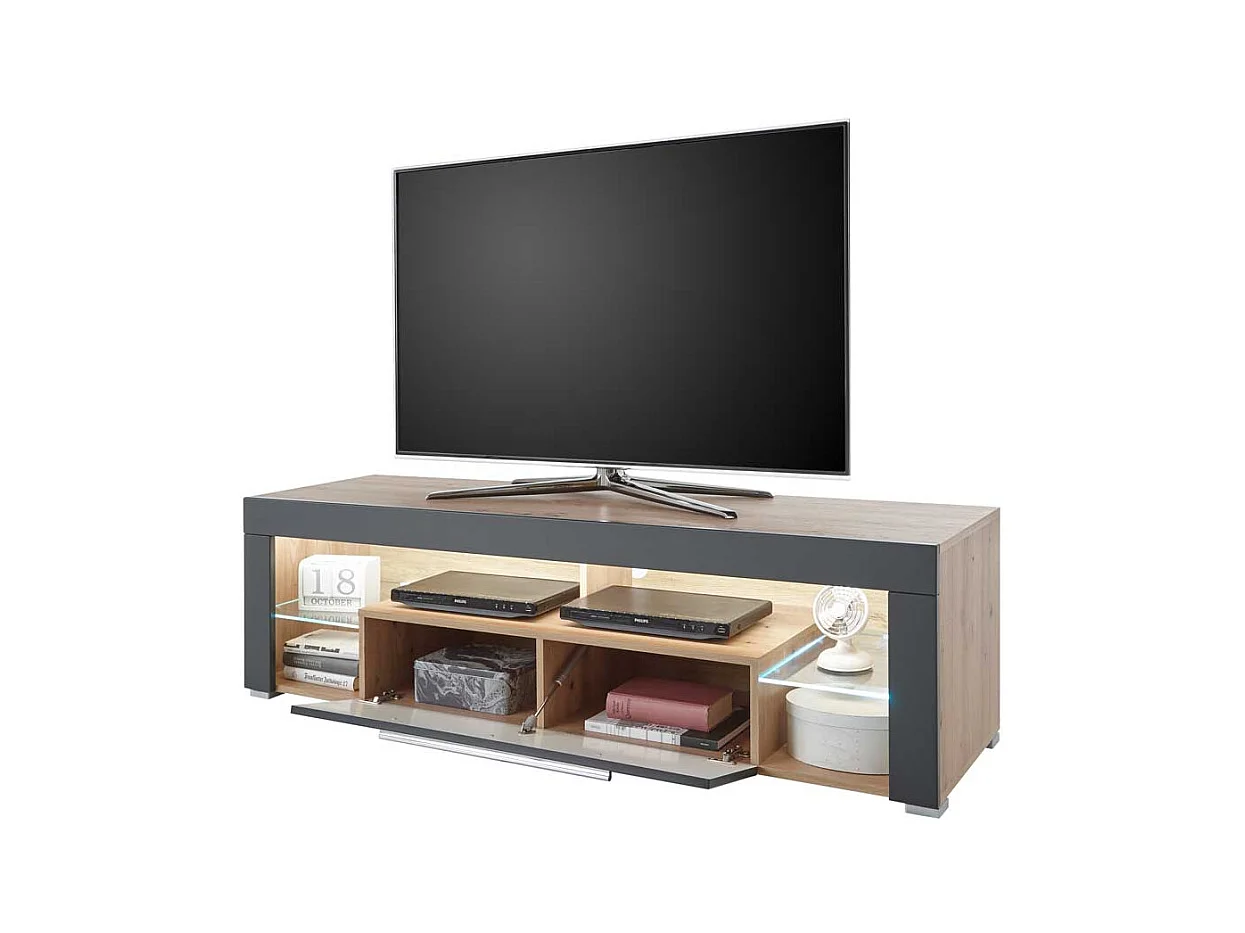 Fernsehmöbel in Grau und Asteiche Optik LED Beleuchtung