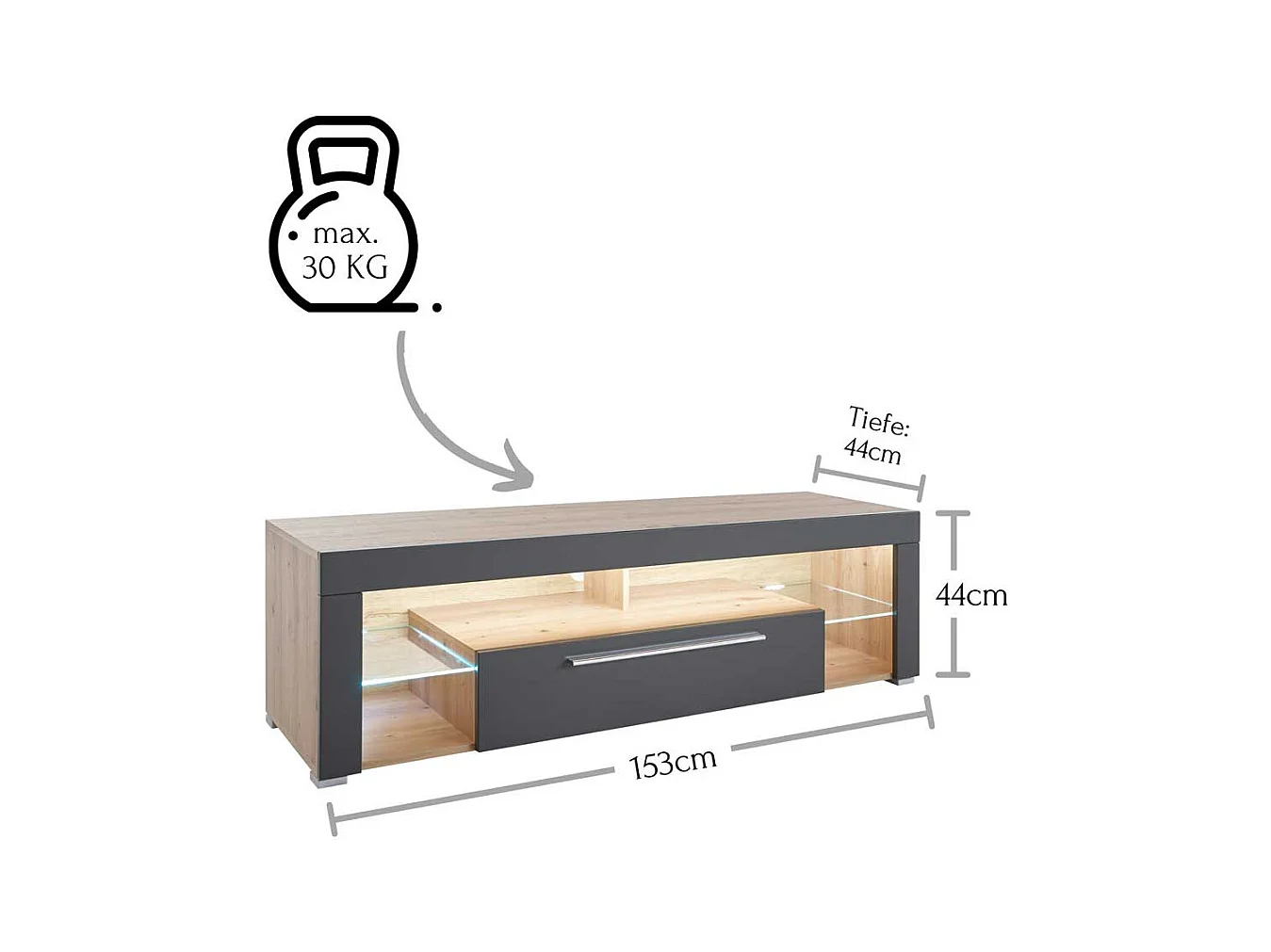 Fernsehmöbel in Grau und Asteiche Optik LED Beleuchtung