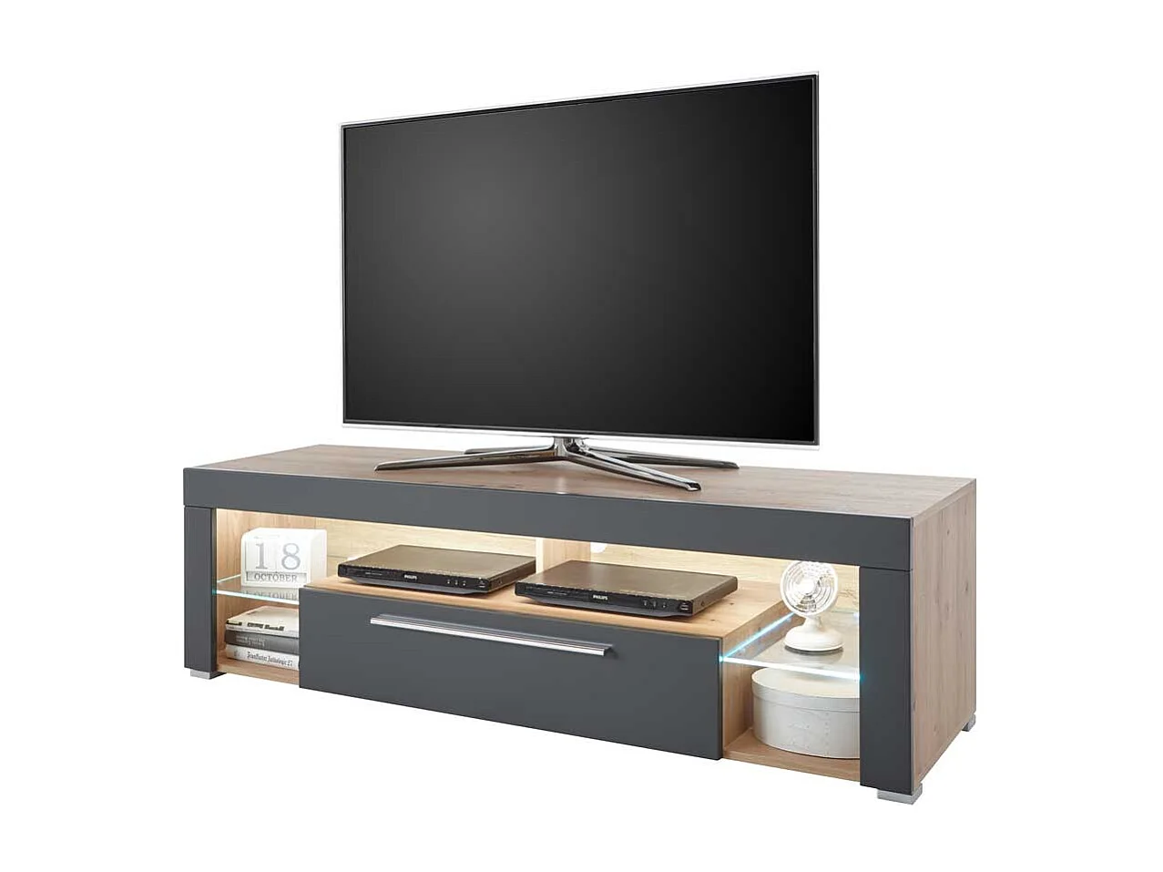 Fernsehmöbel in Grau und Asteiche Optik LED Beleuchtung