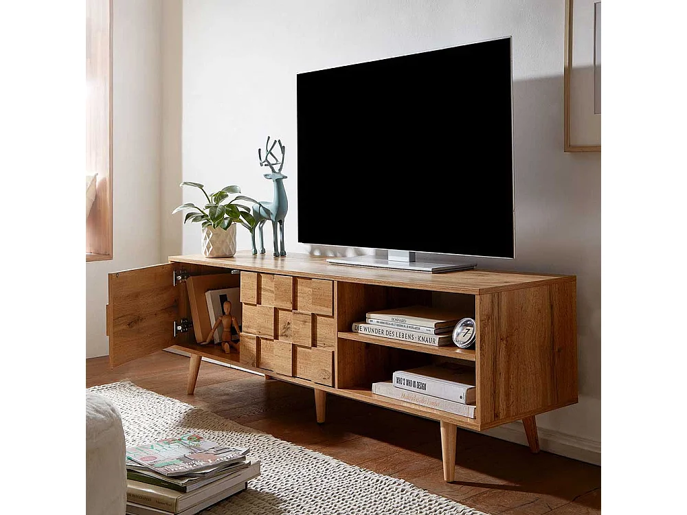 Fernseh Lowboard in Eichefarben mit offenen Gerätefächern und zwei Türen