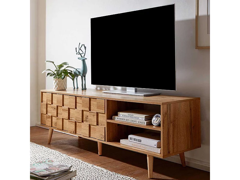 Fernseh Lowboard in Eichefarben mit offenen Gerätefächern und zwei Türen