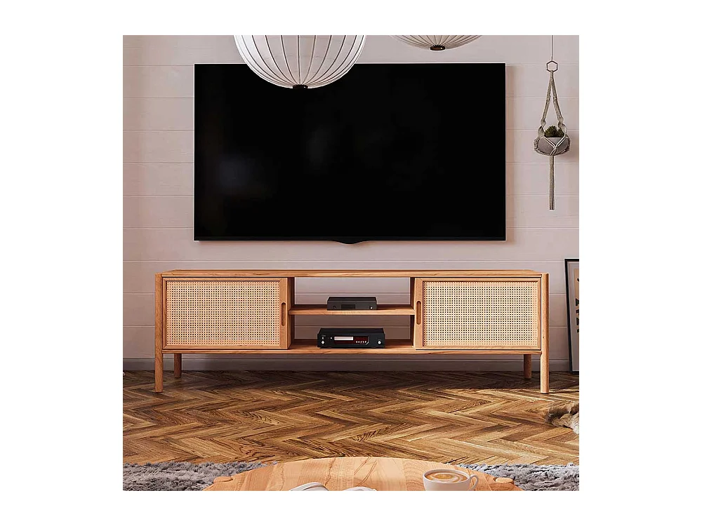 Unterschrank Fernseher aus Wildbuche Massivholz und Rattan 64 cm hoch