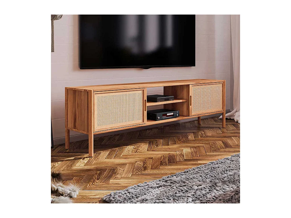 Unterschrank Fernseher aus Wildbuche Massivholz und Rattan 64 cm hoch