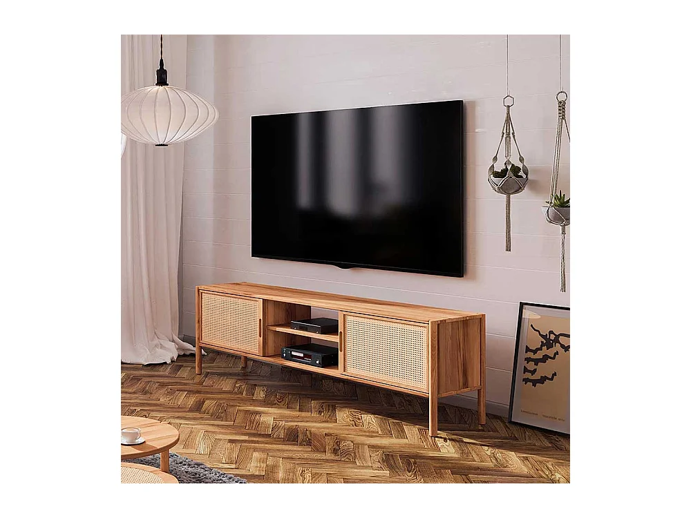Unterschrank Fernseher aus Wildbuche Massivholz und Rattan 64 cm hoch