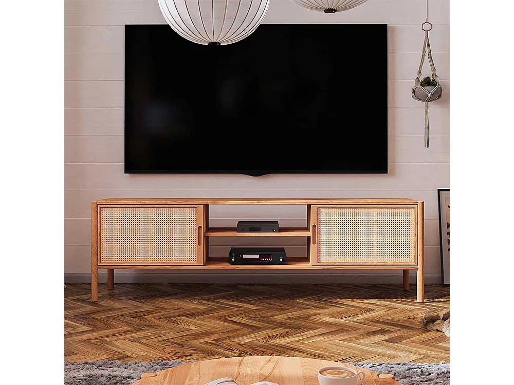 Unterschrank Fernseher aus Wildbuche Massivholz und Rattan 64 cm hoch