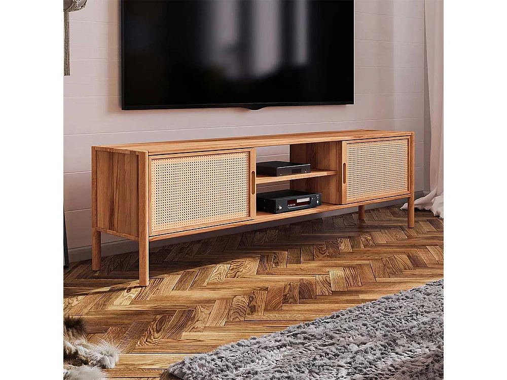 Unterschrank Fernseher aus Wildbuche Massivholz und Rattan 64 cm hoch