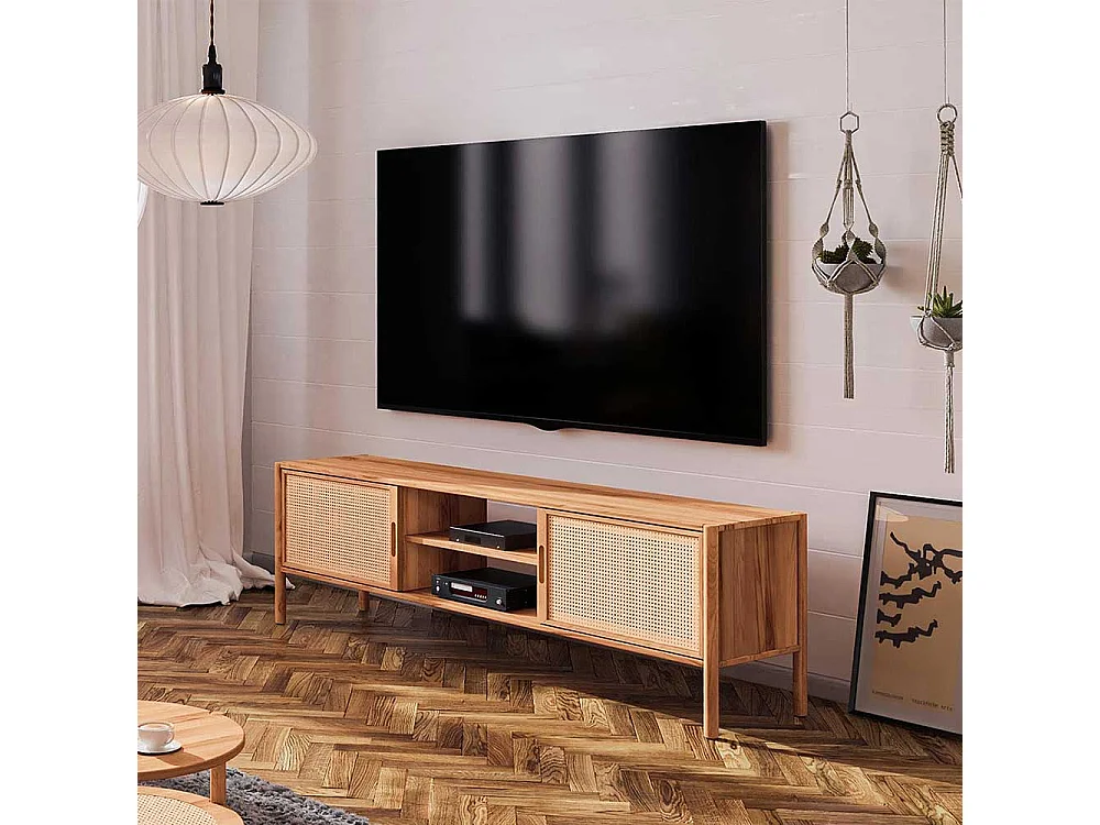 Unterschrank Fernseher aus Wildbuche Massivholz und Rattan 64 cm hoch