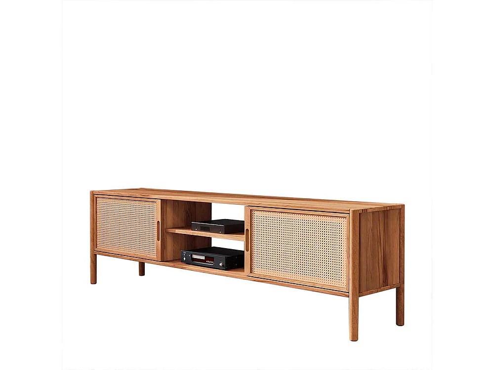 Unterschrank Fernseher aus Wildbuche Massivholz und Rattan 64 cm hoch