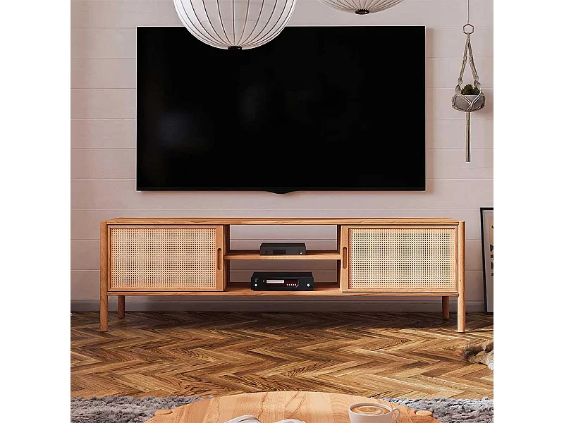 Unterschrank Fernseher aus Wildbuche Massivholz und Rattan 64 cm hoch