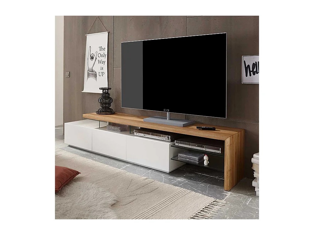 TV Lowboard in Weiß mit Eiche Massivholz