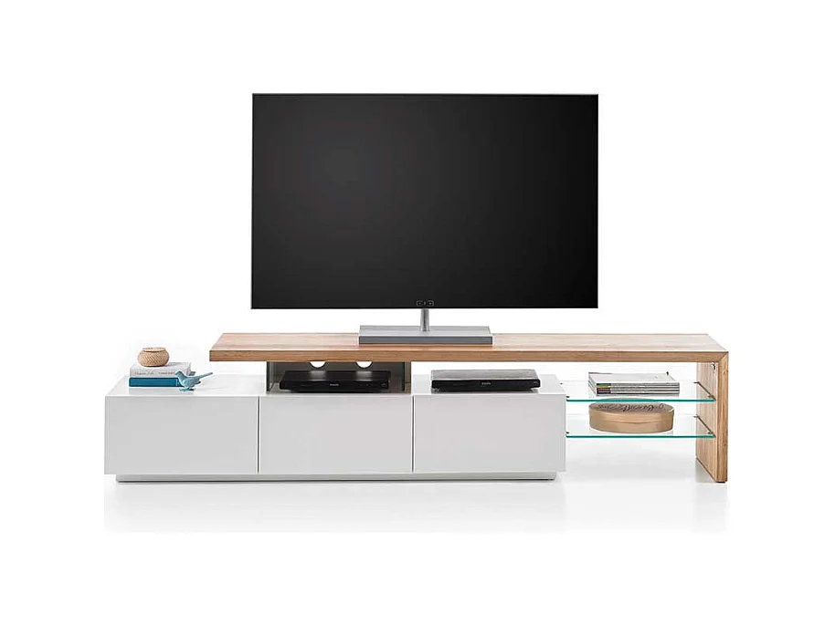 TV Lowboard in Weiß mit Eiche Massivholz