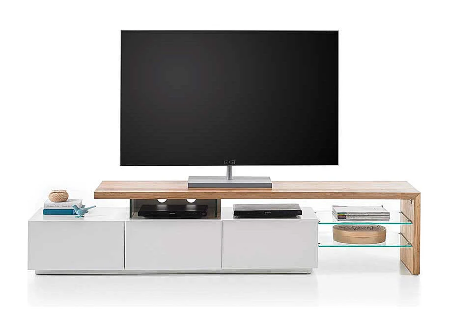 TV Lowboard in Weiß mit Eiche Massivholz