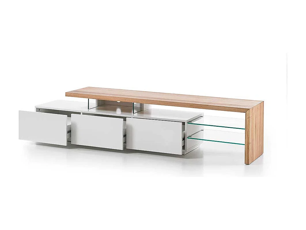 TV Lowboard in Weiß mit Eiche Massivholz