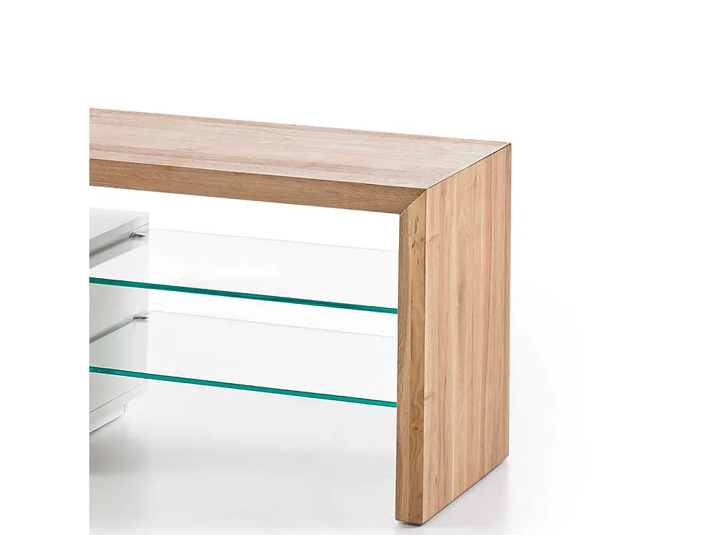TV Lowboard in Weiß mit Eiche Massivholz