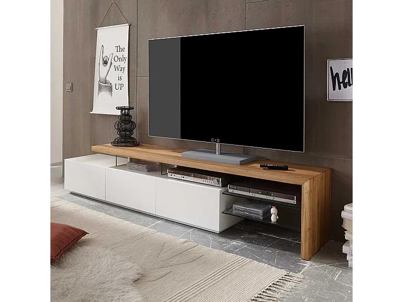 TV Lowboard in Weiß mit Eiche Massivholz