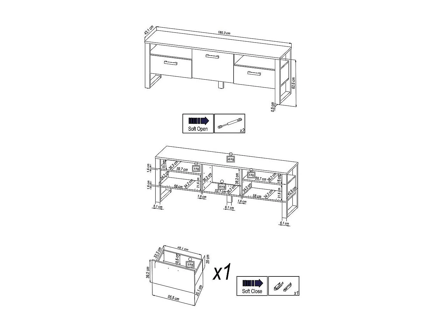 Fernseh Unterschrank mit einer Schublade 2 Klappen