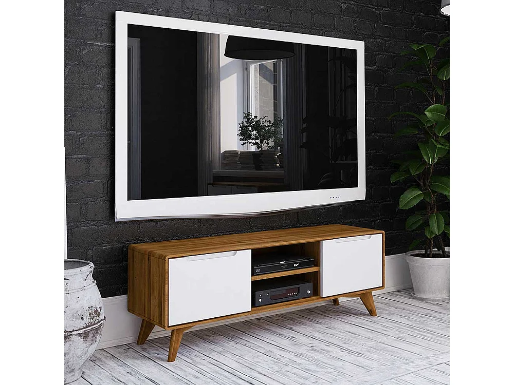Fernsehboard in Weiß und Wildeiche Türen