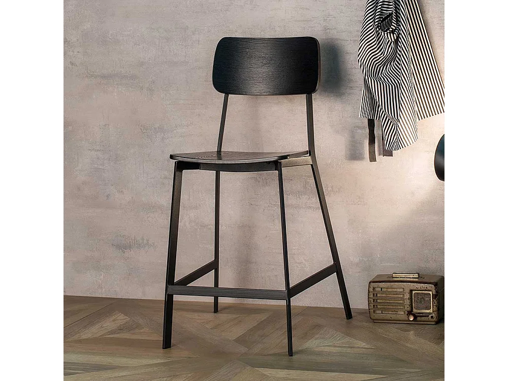 Barhocker in Schwarz Lehne (2er Set)