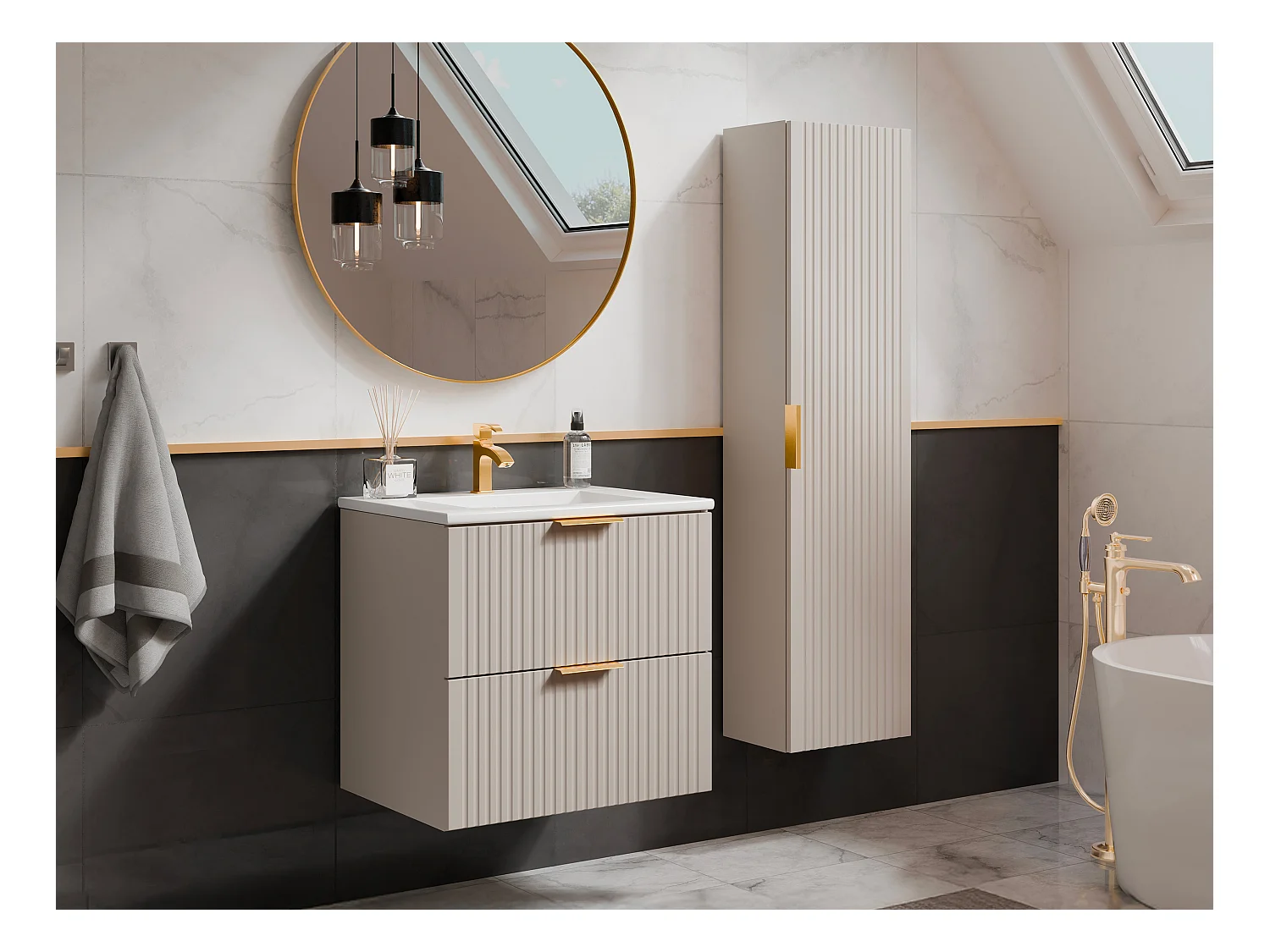 Meuble de salle de bain strié avec vasque à encastrer et colonne - Coloris beige - 60 cm - ZEVARA