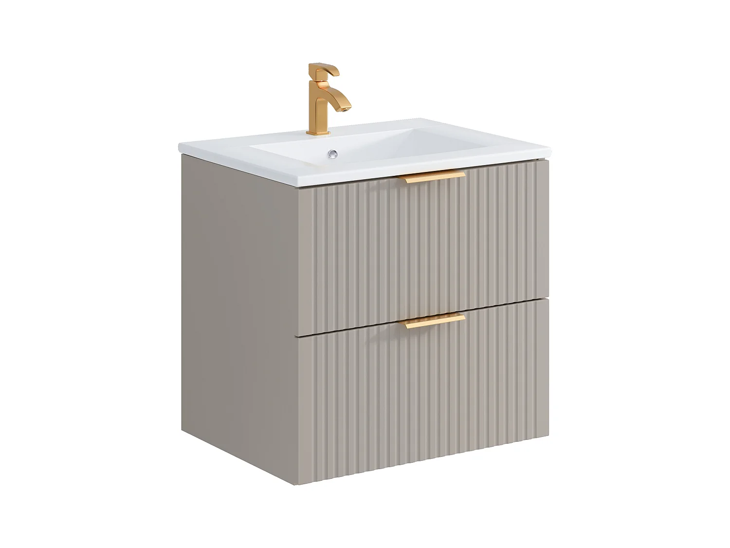 Meuble de salle de bain strié avec vasque à encastrer et colonne - Coloris beige - 60 cm - ZEVARA