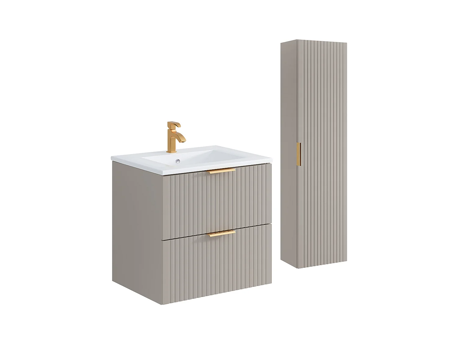 Meuble de salle de bain strié avec vasque à encastrer et colonne - Coloris beige - 60 cm - ZEVARA