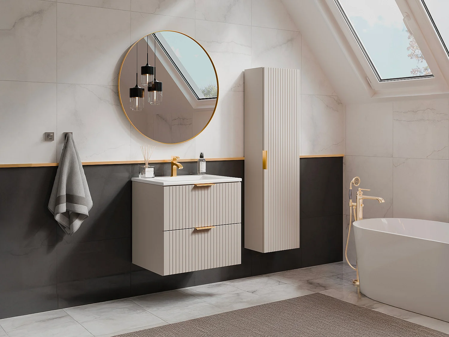 Meuble de salle de bain strié avec vasque à encastrer et colonne - Coloris beige - 60 cm - ZEVARA