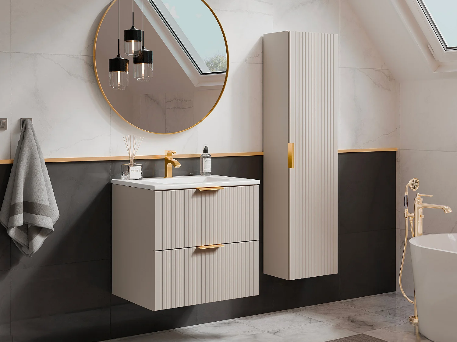 Meuble de salle de bain strié avec vasque à encastrer et colonne - Coloris beige - 60 cm - ZEVARA