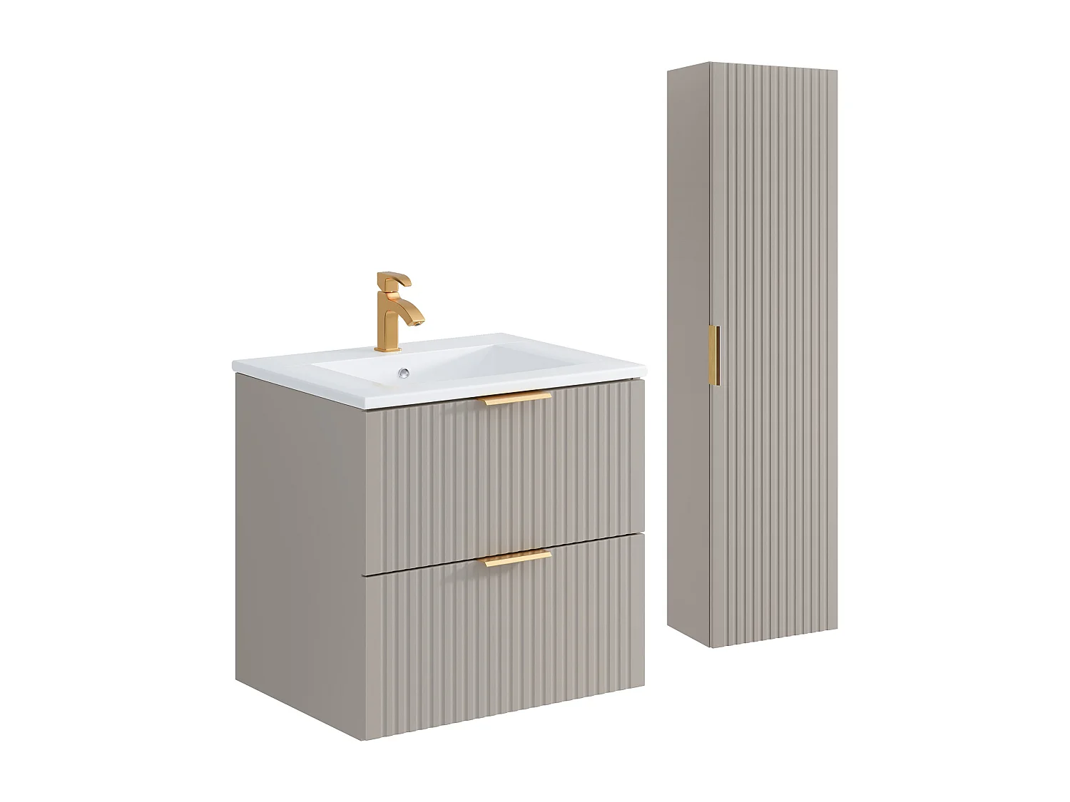 Meuble de salle de bain strié avec vasque à encastrer et colonne - Coloris beige - 60 cm - ZEVARA
