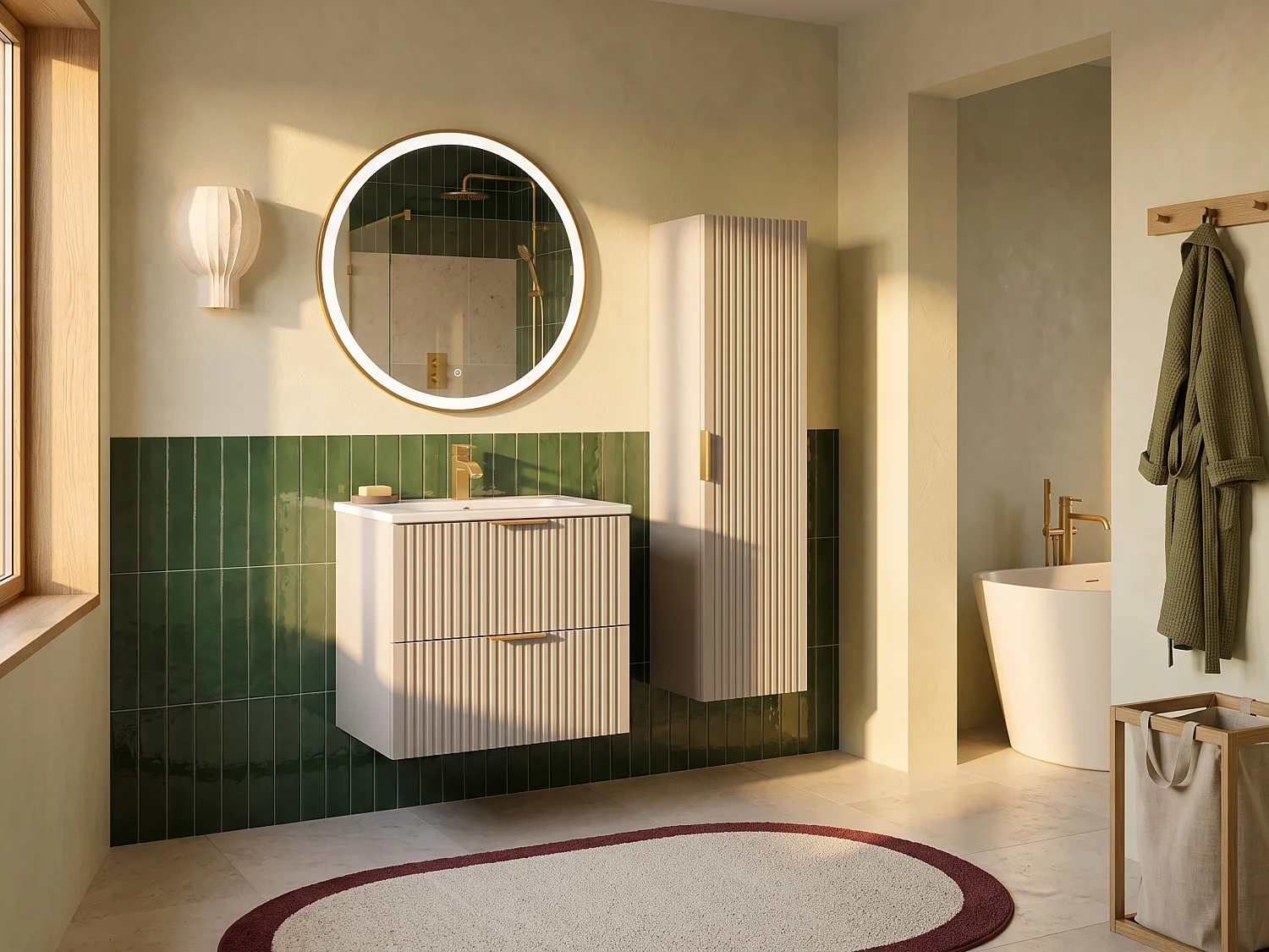 Waschbeckenunterschrank hängend mit Ablagen & Einbauwaschbecken - Streifenoptik - Beige - 60 cm